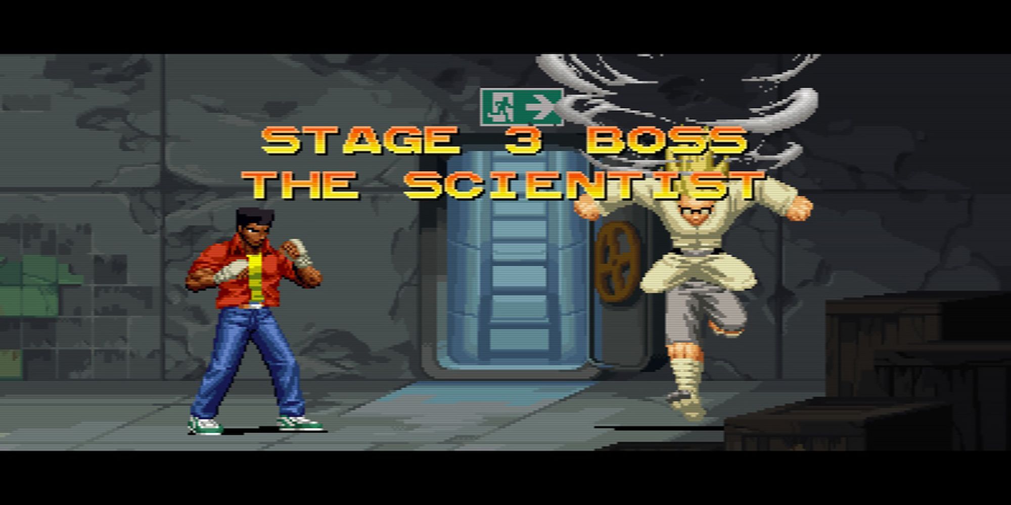 The Scientist appears out of thin air for a battle with Duke outside The Elevator in Final Vendetta.