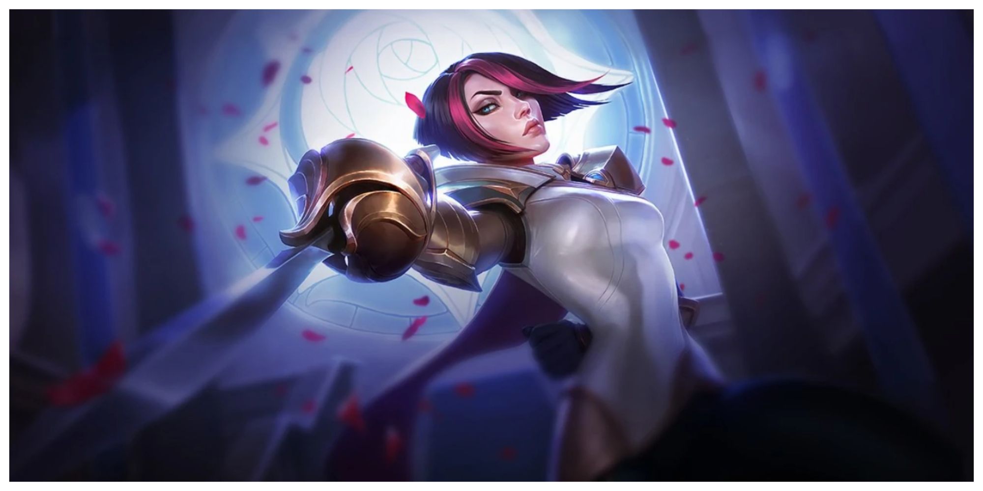 Fiora, standing with one hand behind her back as she brandishes her fencing sword, flower petals falling behind her
