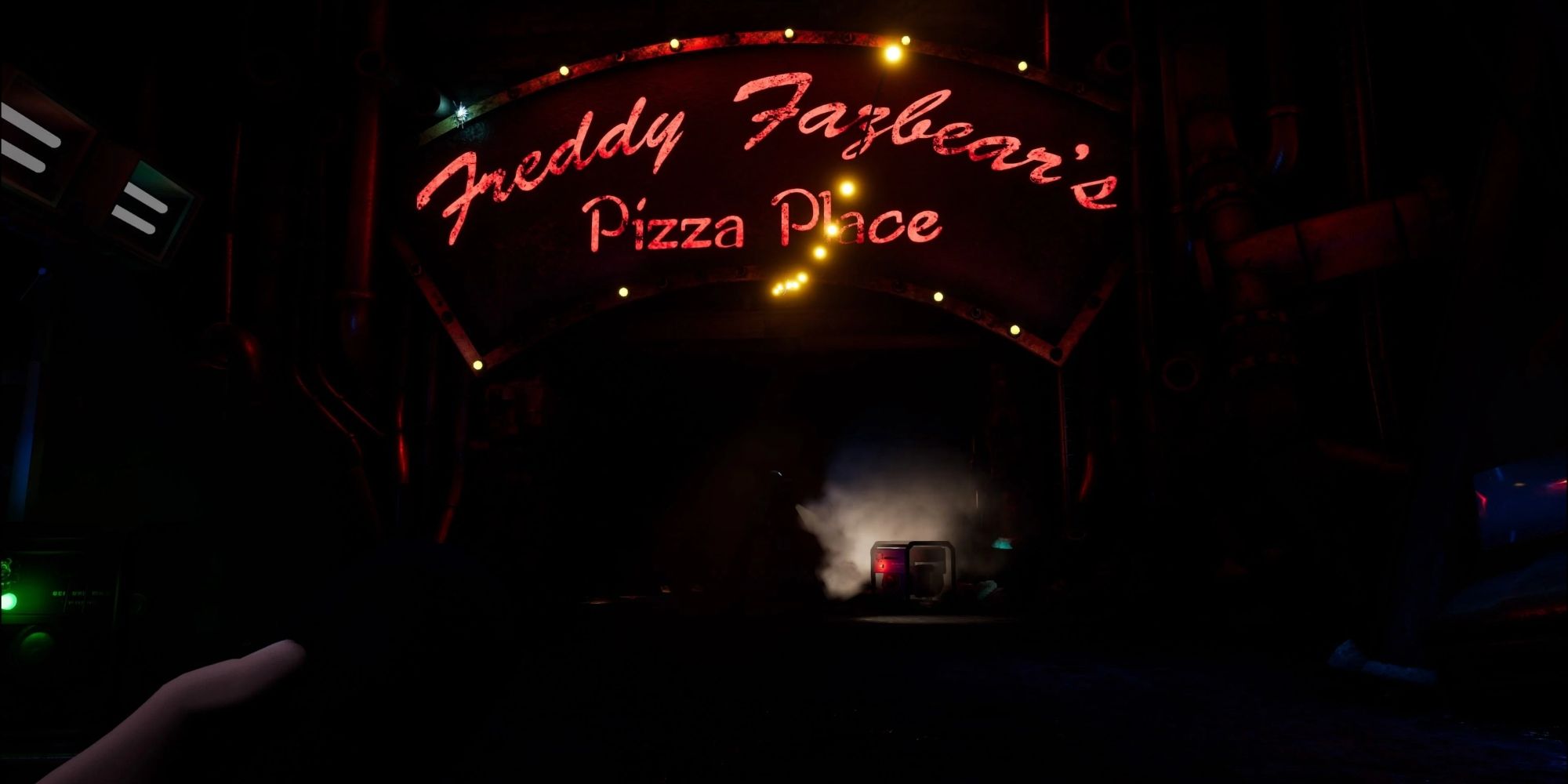 A dark tunnel that clearly shows the lit sign of Freddy Fazbear's Pizza Place