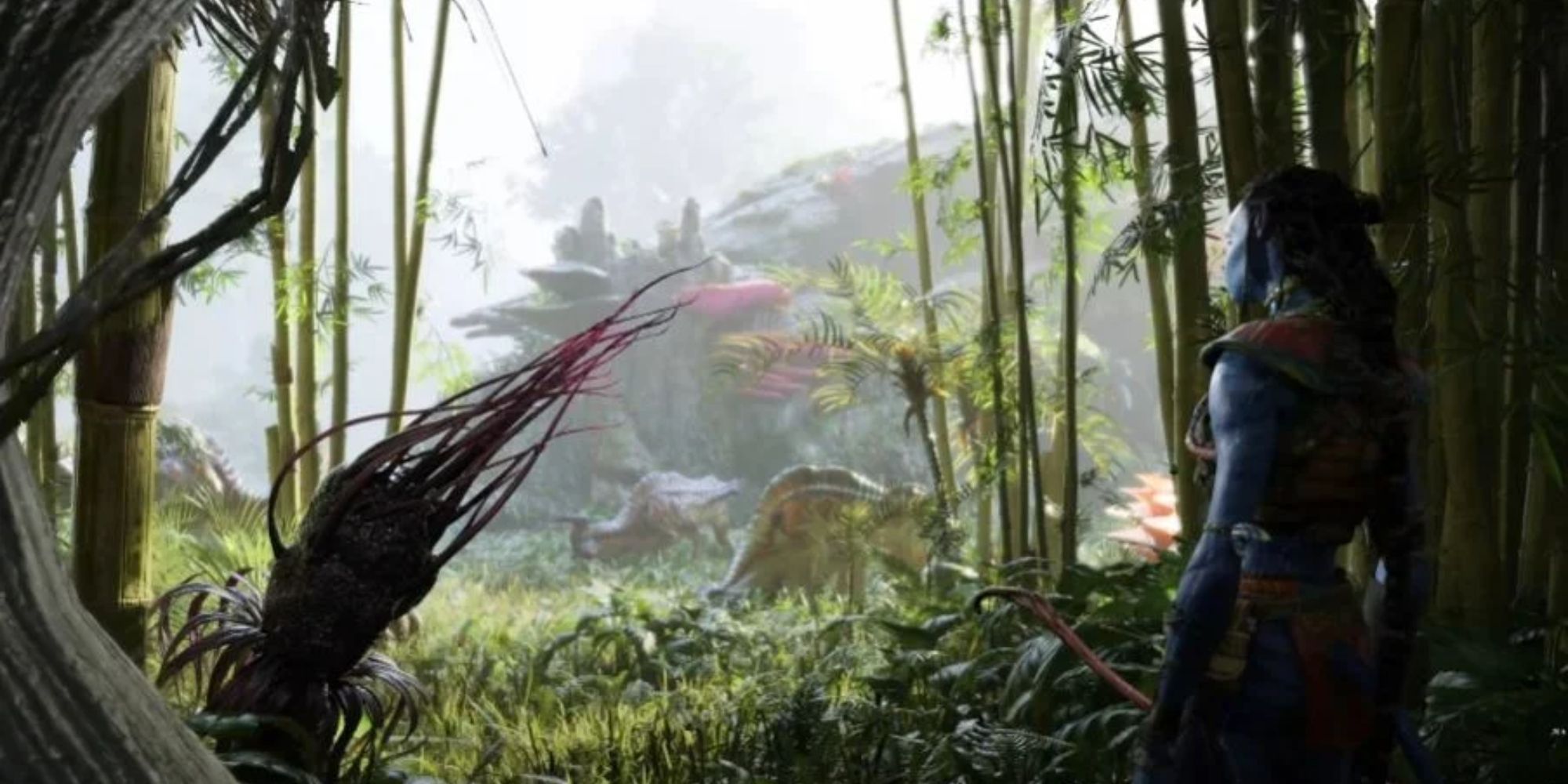 Ein Na'vi blickt in Avatar: Frontiers Of Pandora auf einen Wald
