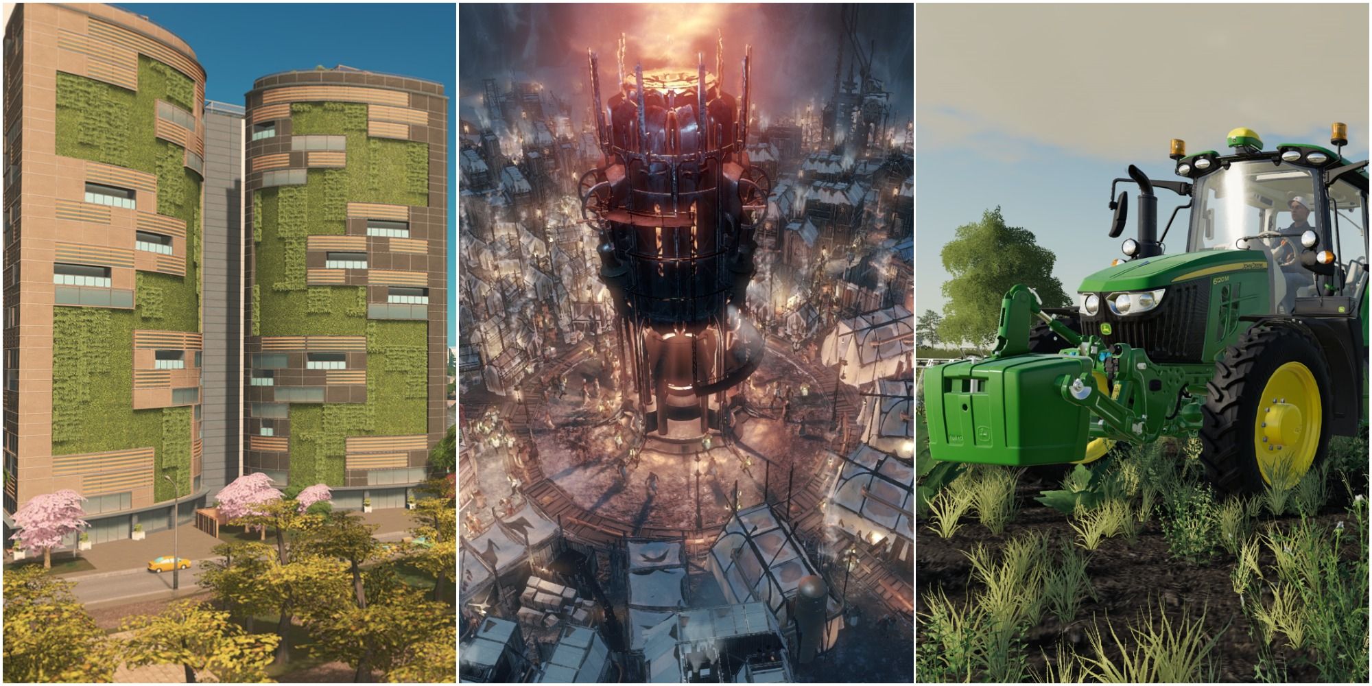 Games Environmental Awareness Featured Image showing Cities: Skylines, Frostpunk, and Farming Simulator 2022