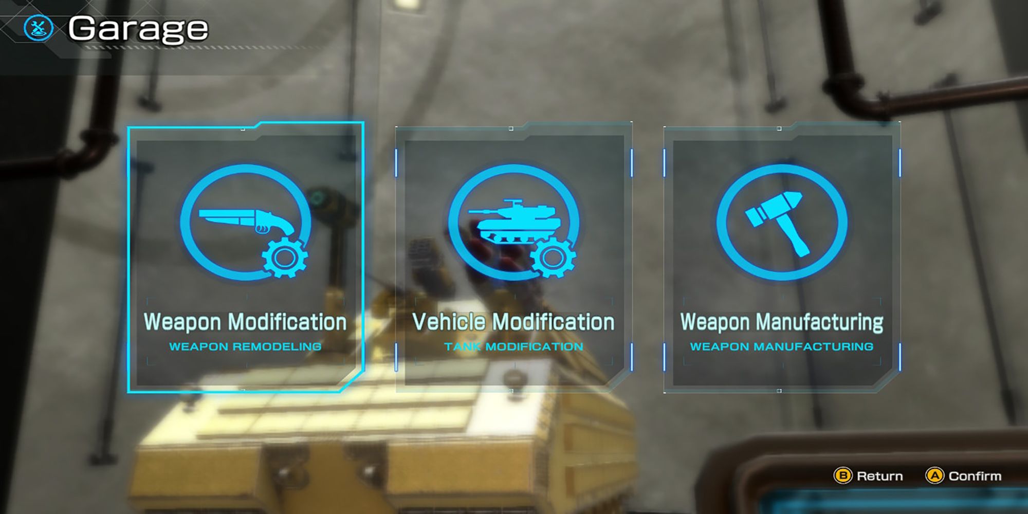 Weapon Modification, Vehicle Modification, and Weapon Manufacturing are the three menus available in the Sortie Garage in Metal Max Xeno Reborn.