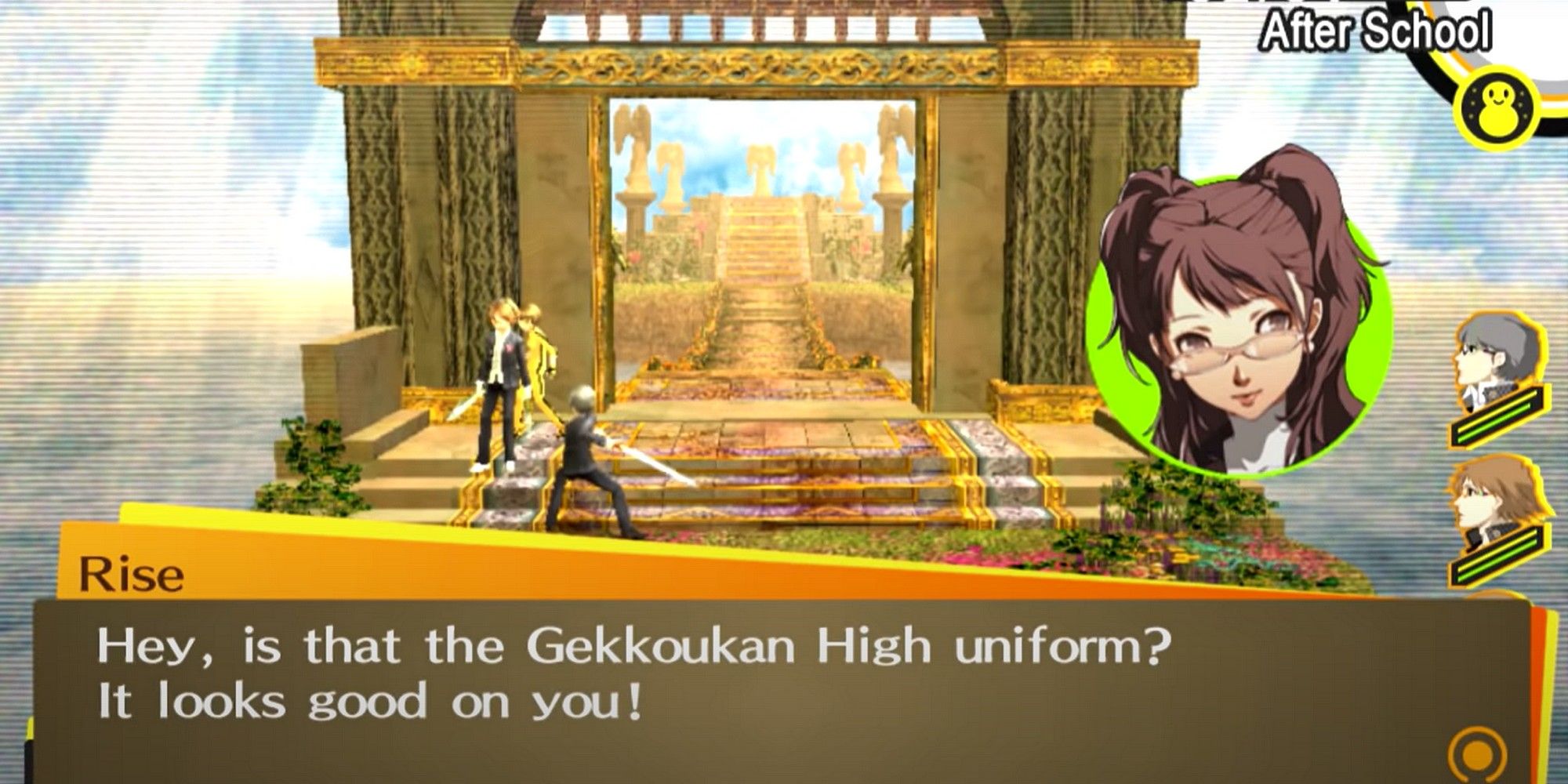 Rise reacting to Yu's outfit from Gekkoukan High in Persona 4 Golden