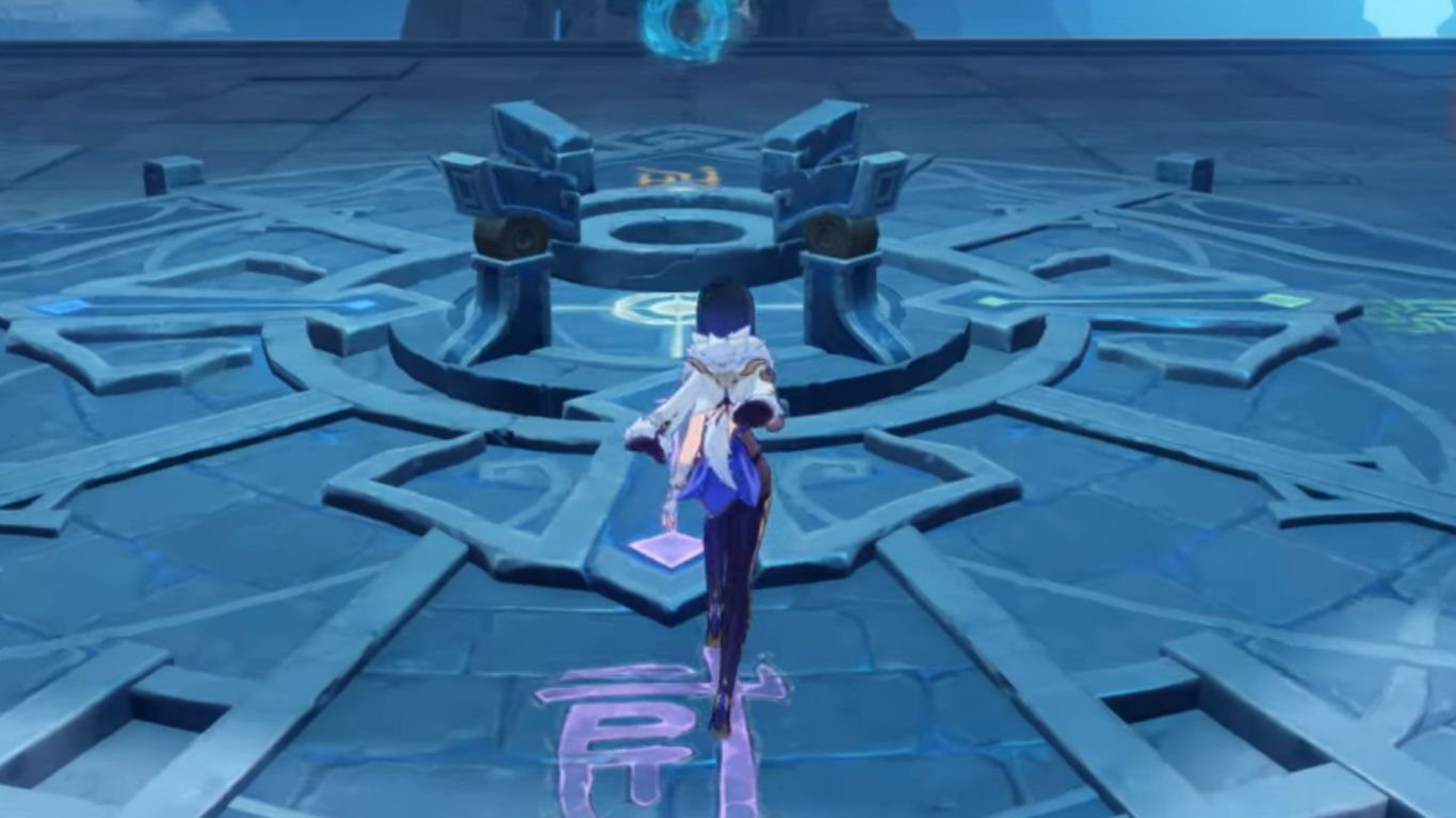 A character reaching a shrine with some symbols on the floor.