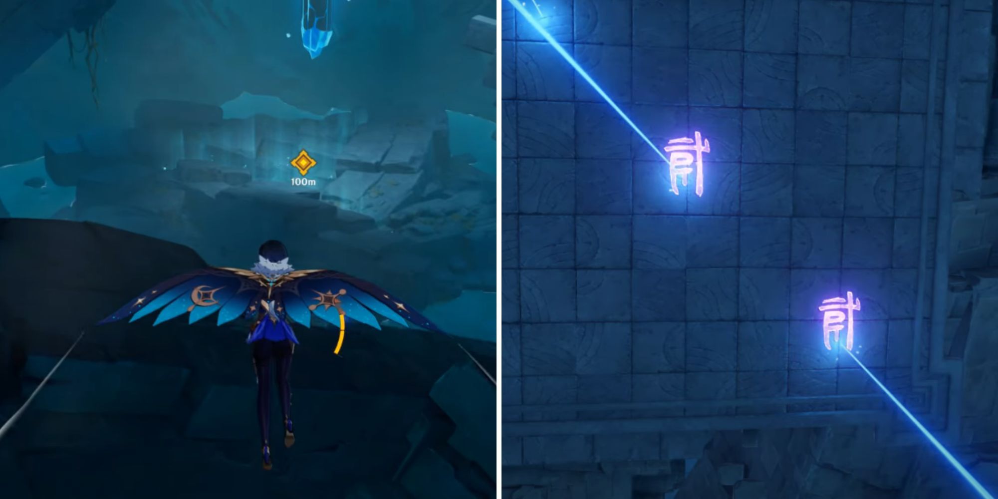 A collage showing a character flying on the left and two symbols on a wall on the right.