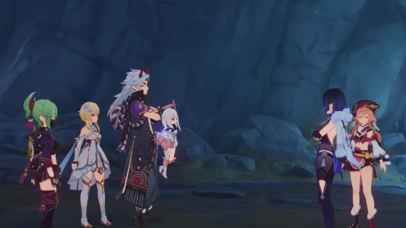 A party of four characters on the left speaking with Yanfei and another character on the right.