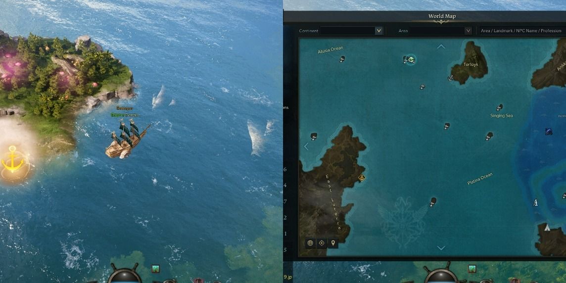 Lost Ark split image of Giant Mushroom Island location on the open seas and the map
