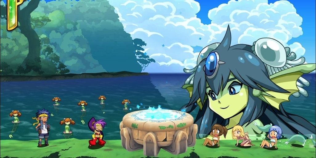 Giga Mermaid smiling at Shantae on a beach