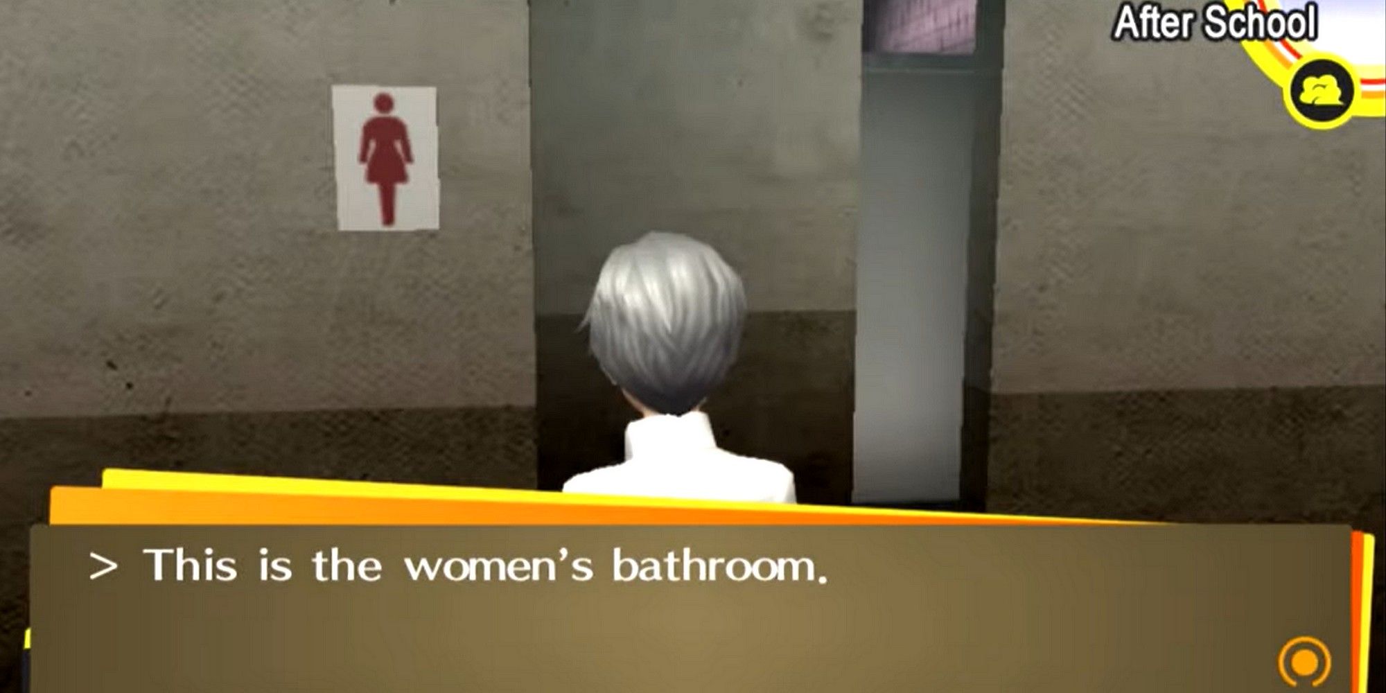 Yu contemplating using the women's room in Persona 4 Golden