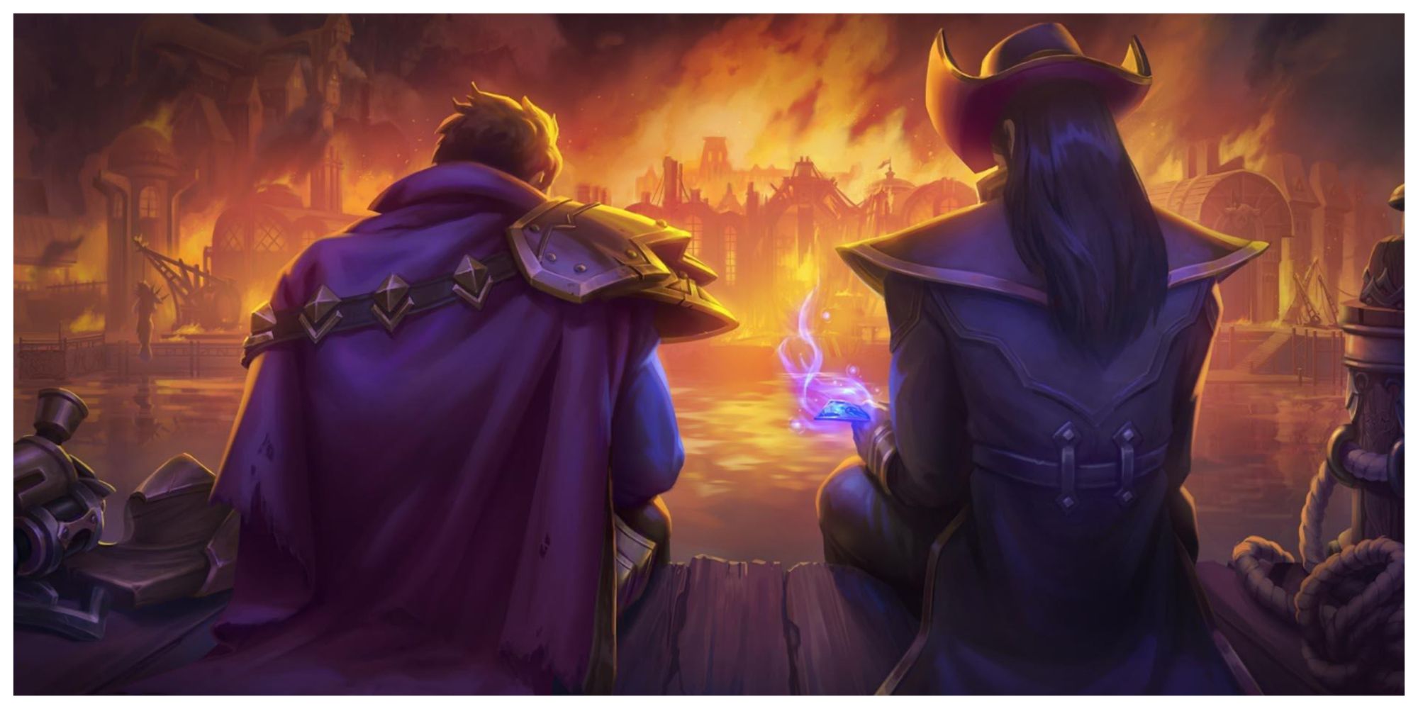 Graves and Twisted Fate sitting on a dock, their legs dangling over the water, as they watch a warehouse go up in flames