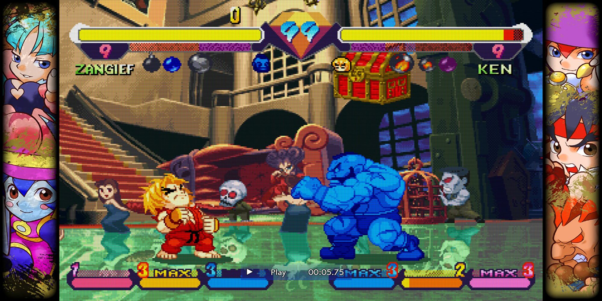 Zangief's deflects Ken's attack with a Guard Cancel during a battle inside Makai in Pocket Fighter, a game in Capcom Fighting Collection.
