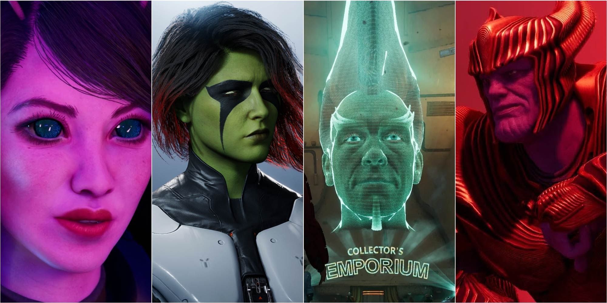 A montage with Mantis, Gamora, The Collector and Thanos, all featured in Marvel's Guardians of the Galaxy