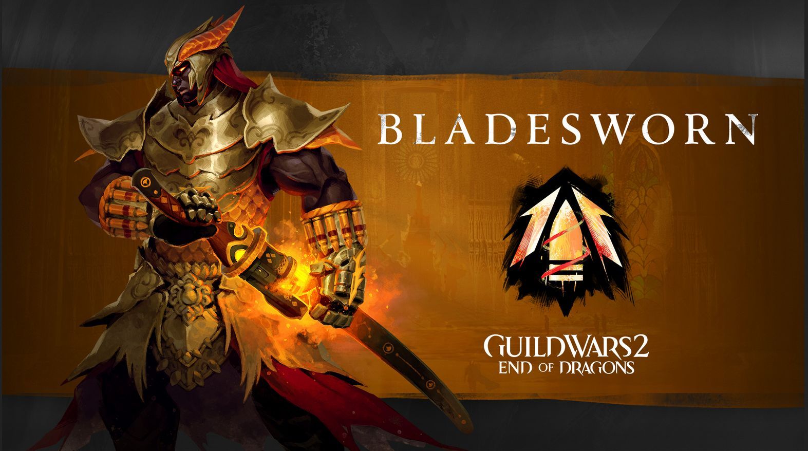 Arena Nets official art for the reveal of the Bladwsworn class, features a norn in intricate armour drawing a glowing greatsword on an orange background.