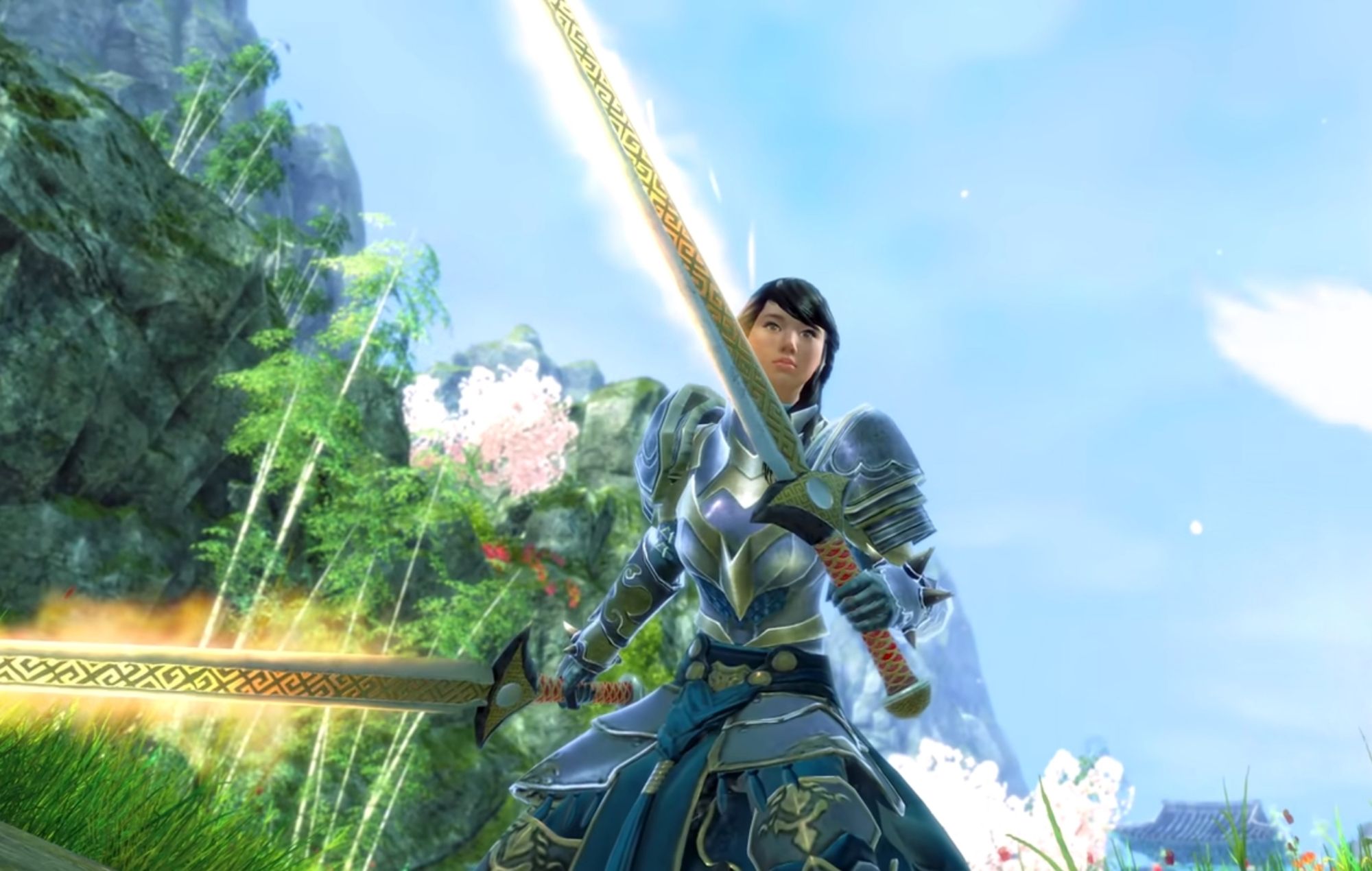 A human Willbender Guardian wielding two gleaming swords with a grassland and opensky in the background