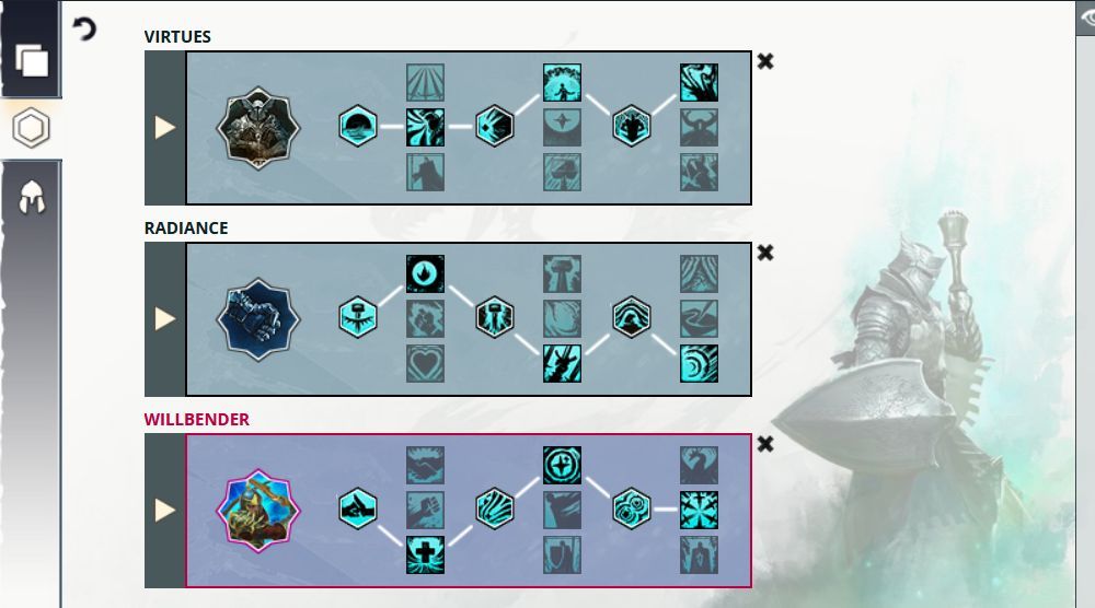 The trait point selections for a Guild Wars 2 Willbender Guardian, screenshot using Guild Wars 2 Build Editor
