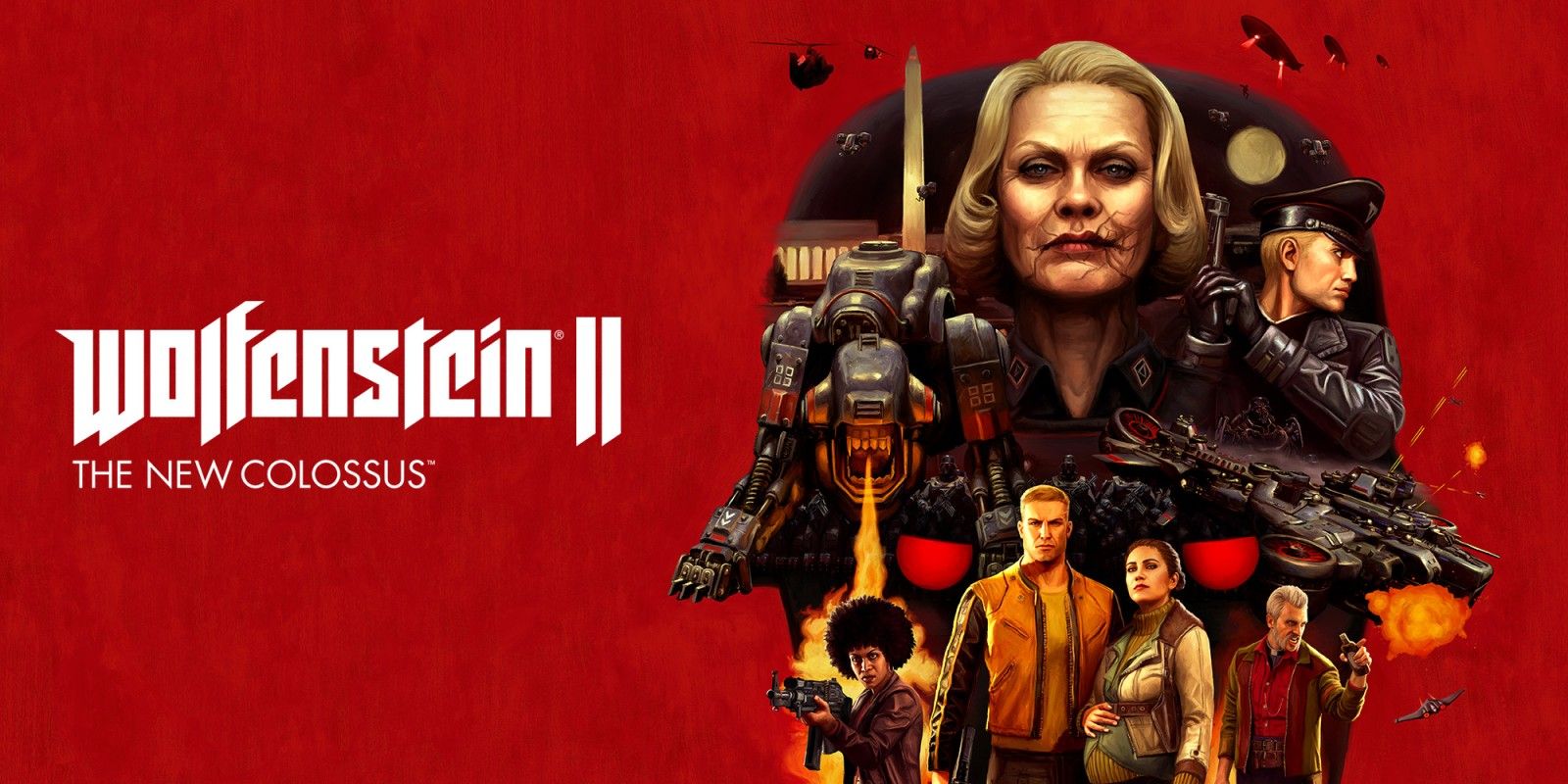 Wolfenstein 2 box art depicting Nazi commanders, Panzerhunds and B.J. Blazkowicz