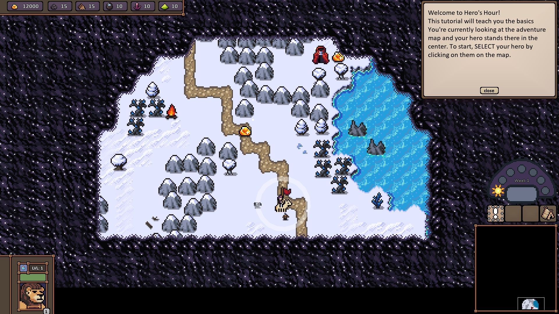 Hero's Hour Start of the tutorial in a snowy biome