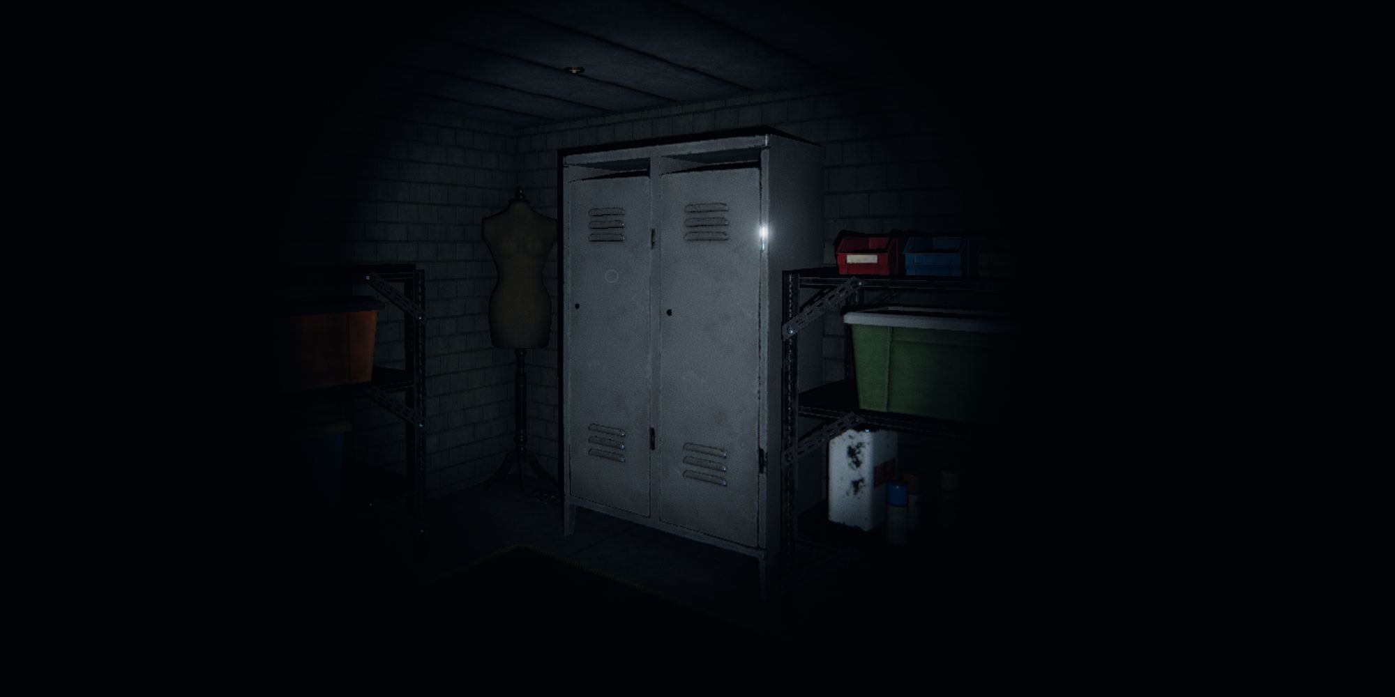 Locker in dark room with mannequin to the side