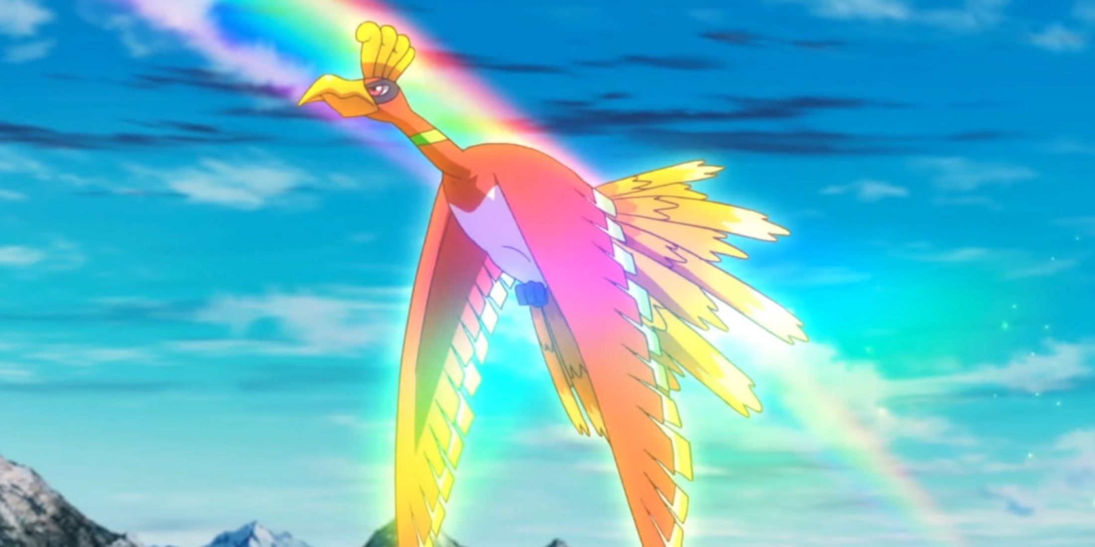 Ho-Oh flies across the sky in the Anime with a Rainbow in the background.