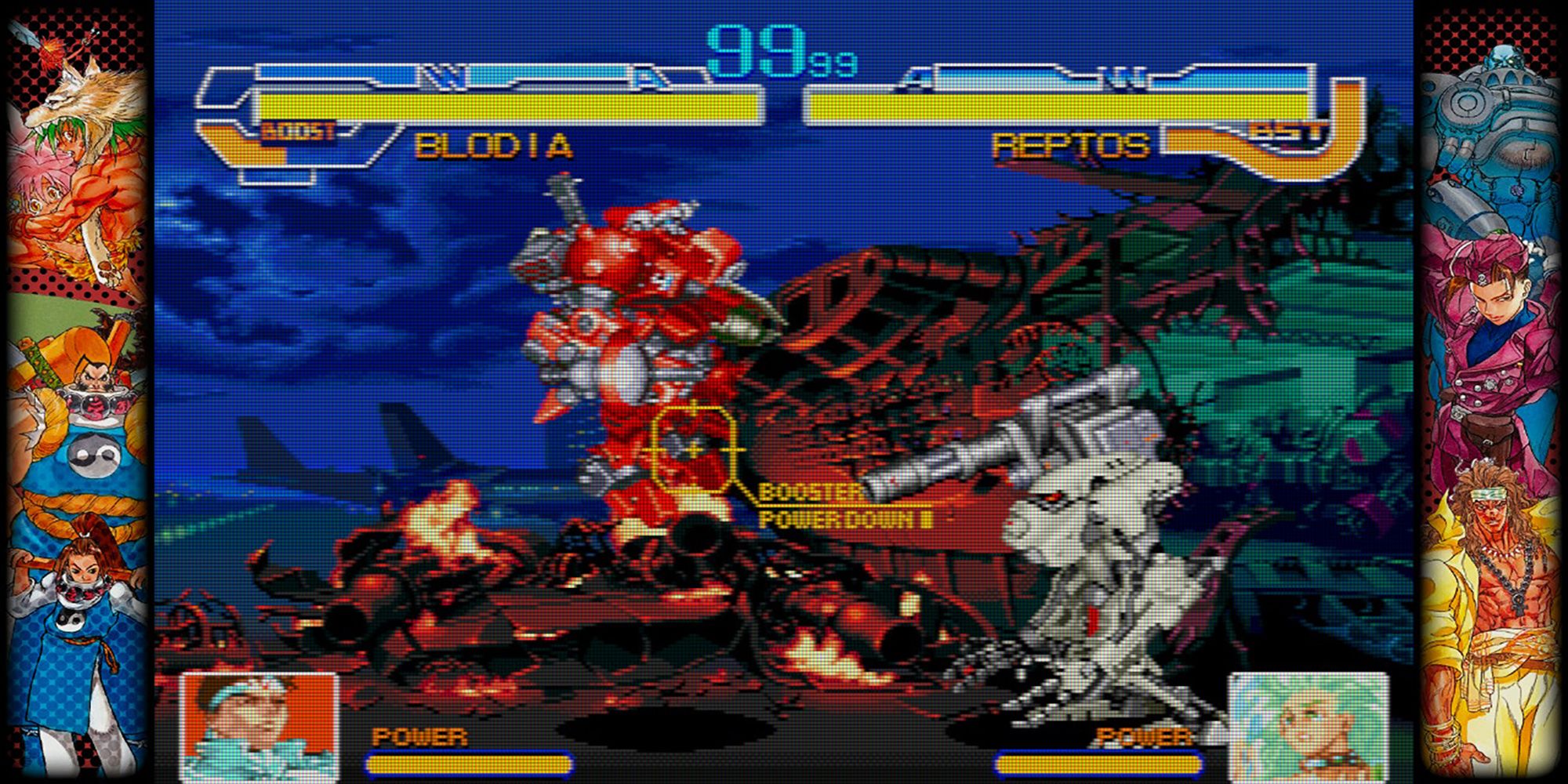 Blodia tricks Reptos with a short hop boost during a battle at an airport in Cyberbots, a game in Capcom Fighting Collection.