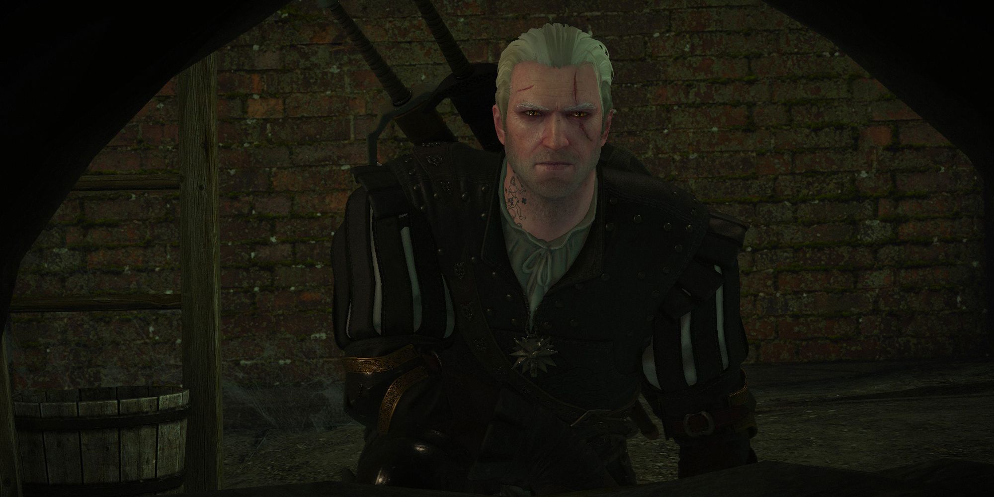 The Witcher 3 Geralt kneeling next to a furnace.