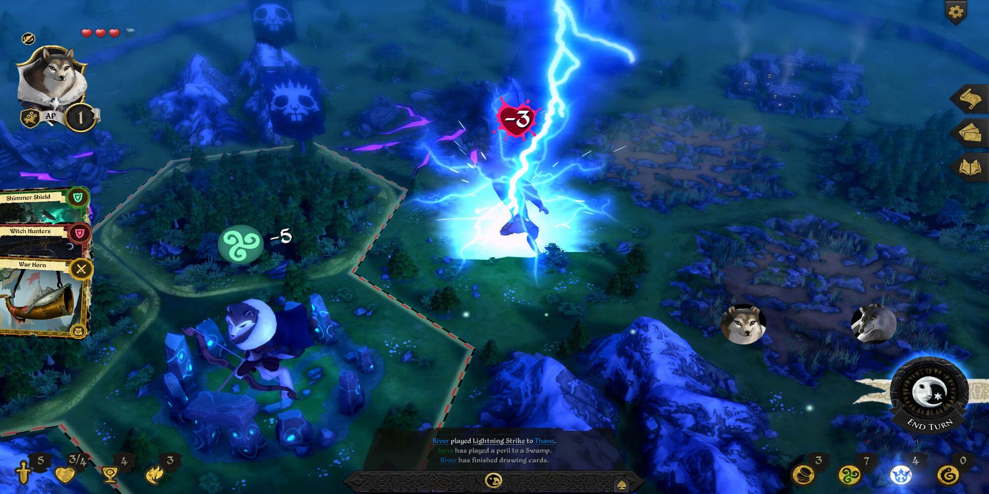 A lightning bolt strikes down on the map in Armello