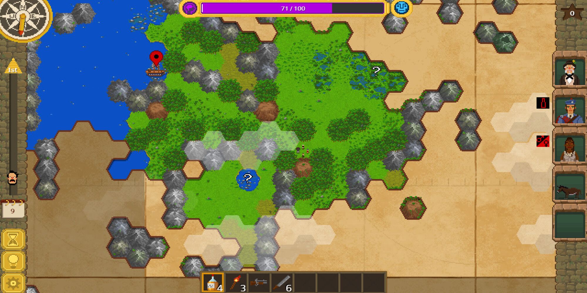 An in-game screenshot of Curious Expedition showing the map and various tiles