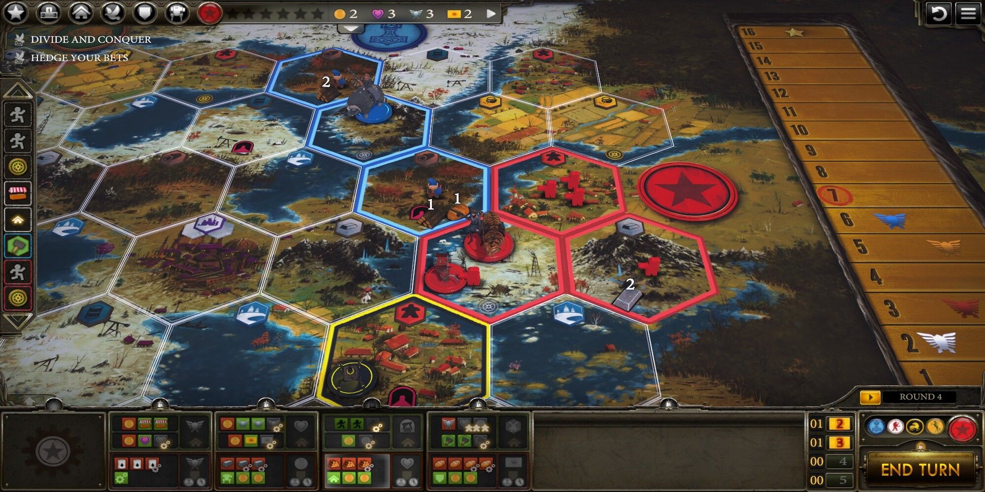 An in-game screenshot from Scythe Digital Edition showing the tiles and the map screen where you can select different options