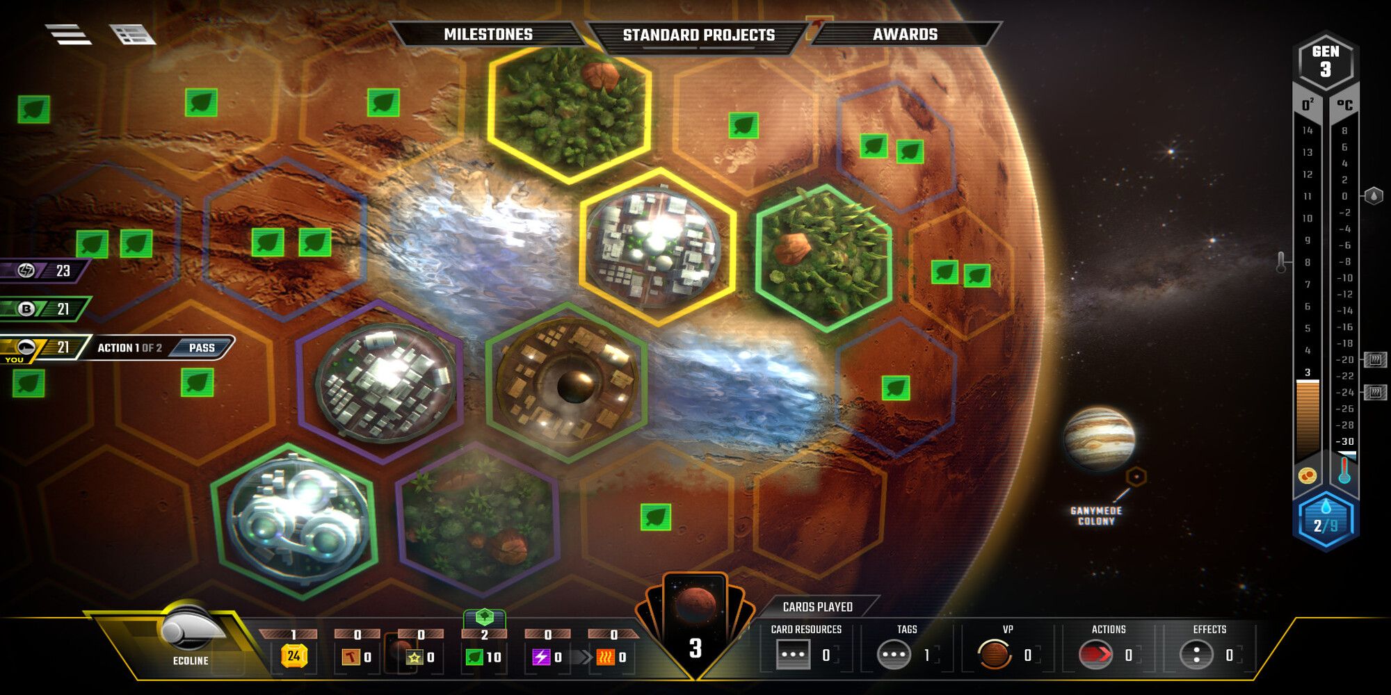 Terraforming Mars in-game screenshot showing the world map grid and various icons