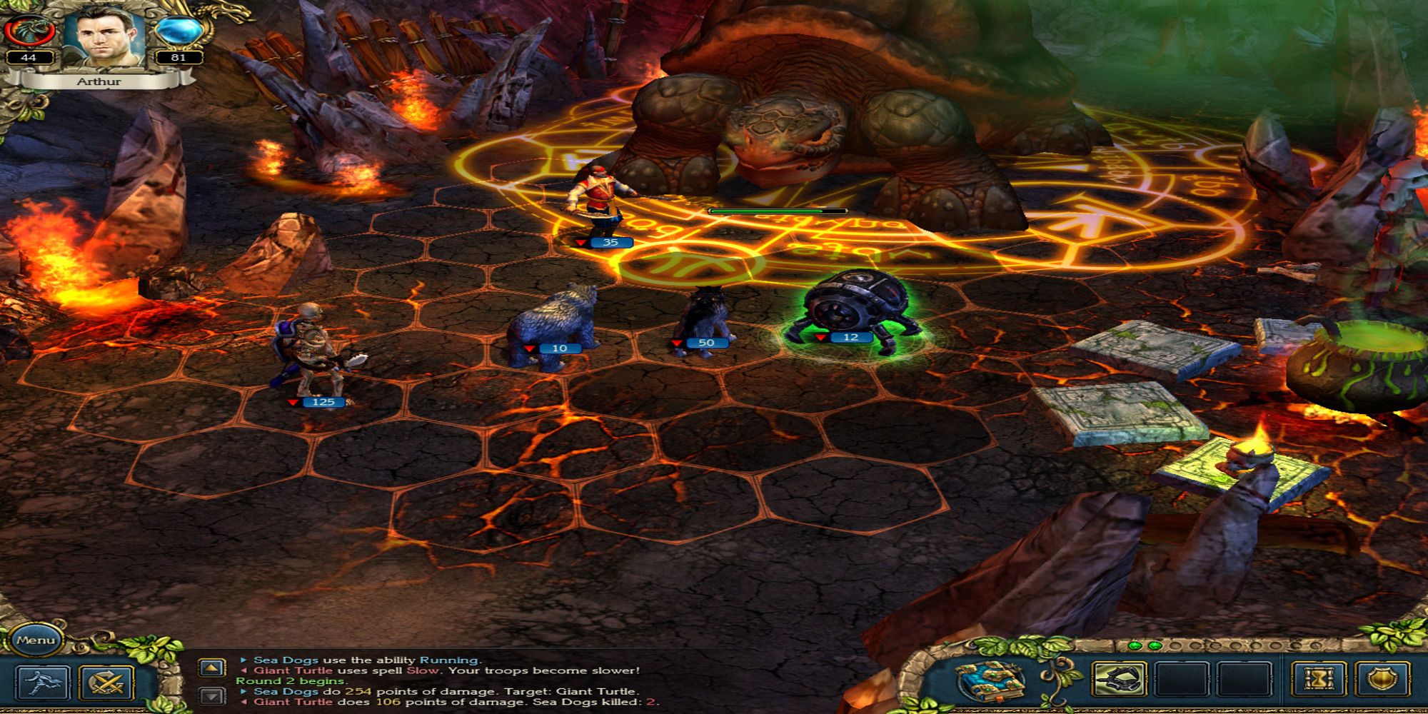 Screenshot in King's Bounty Crossworlds showing enemies and highlighted tiles