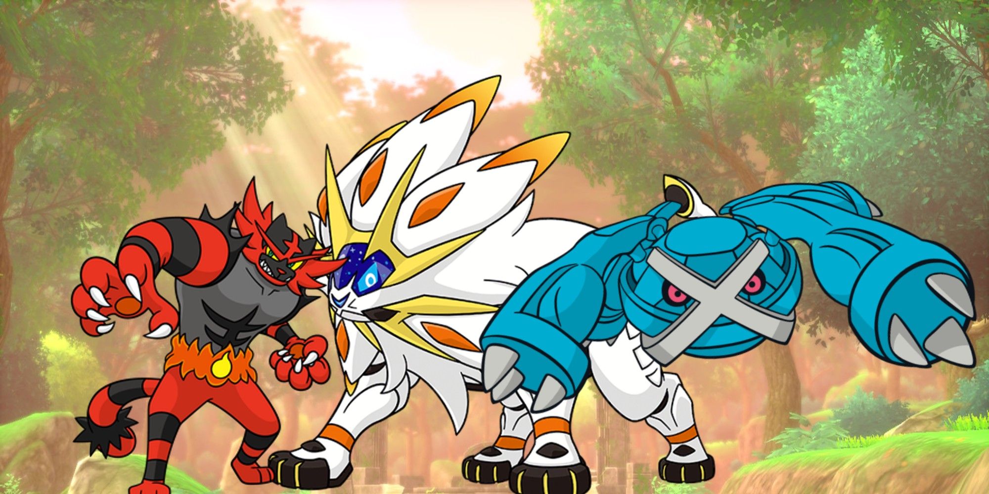 3 Pokemon in a line: Incineroar, Solgaleo, and Metagross. The background is sunny.