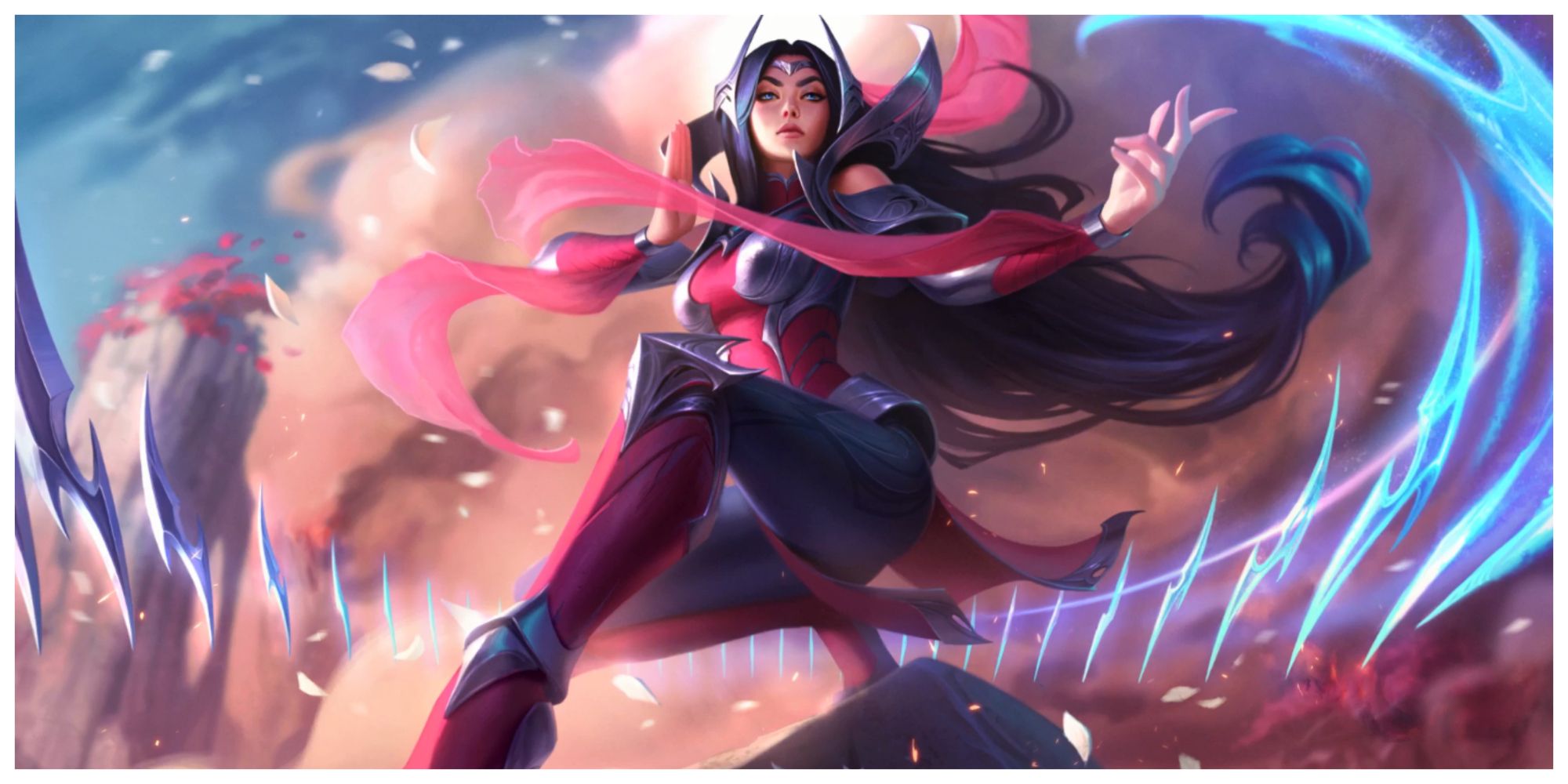 Irelia The Blade Dancer sitting perched atop a hill, the breeze blowing petals around her as her blades dance around her
