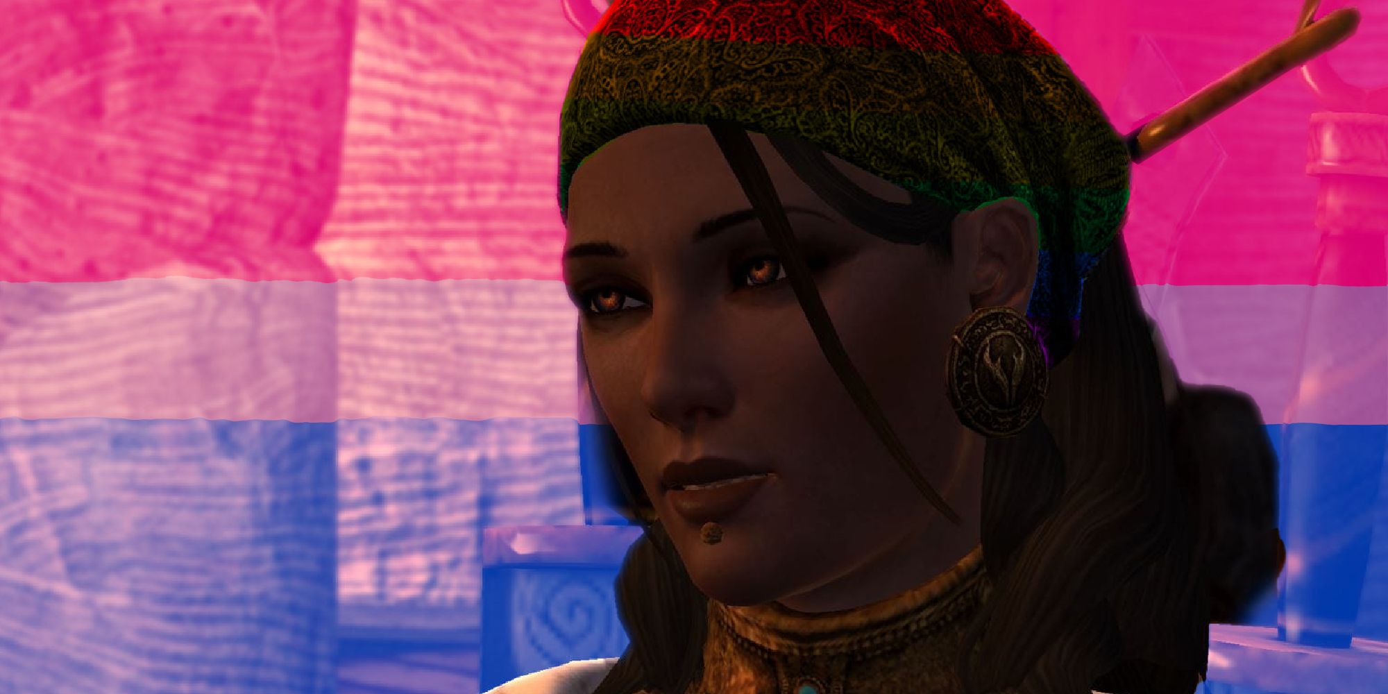 Isabela, a pirate rogue from Dragon Age, standing in front of a bisexual flag