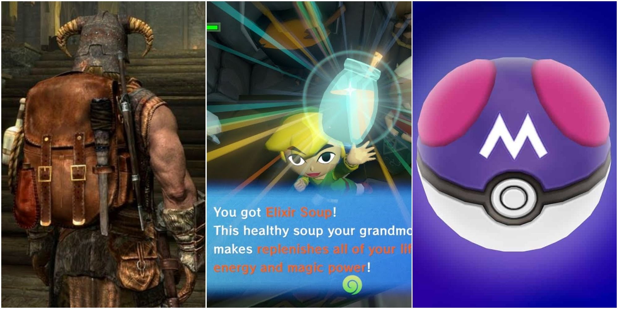 Items in Games You End Up Never Using Featured image showing Skyrim, Zelda and Pokemon