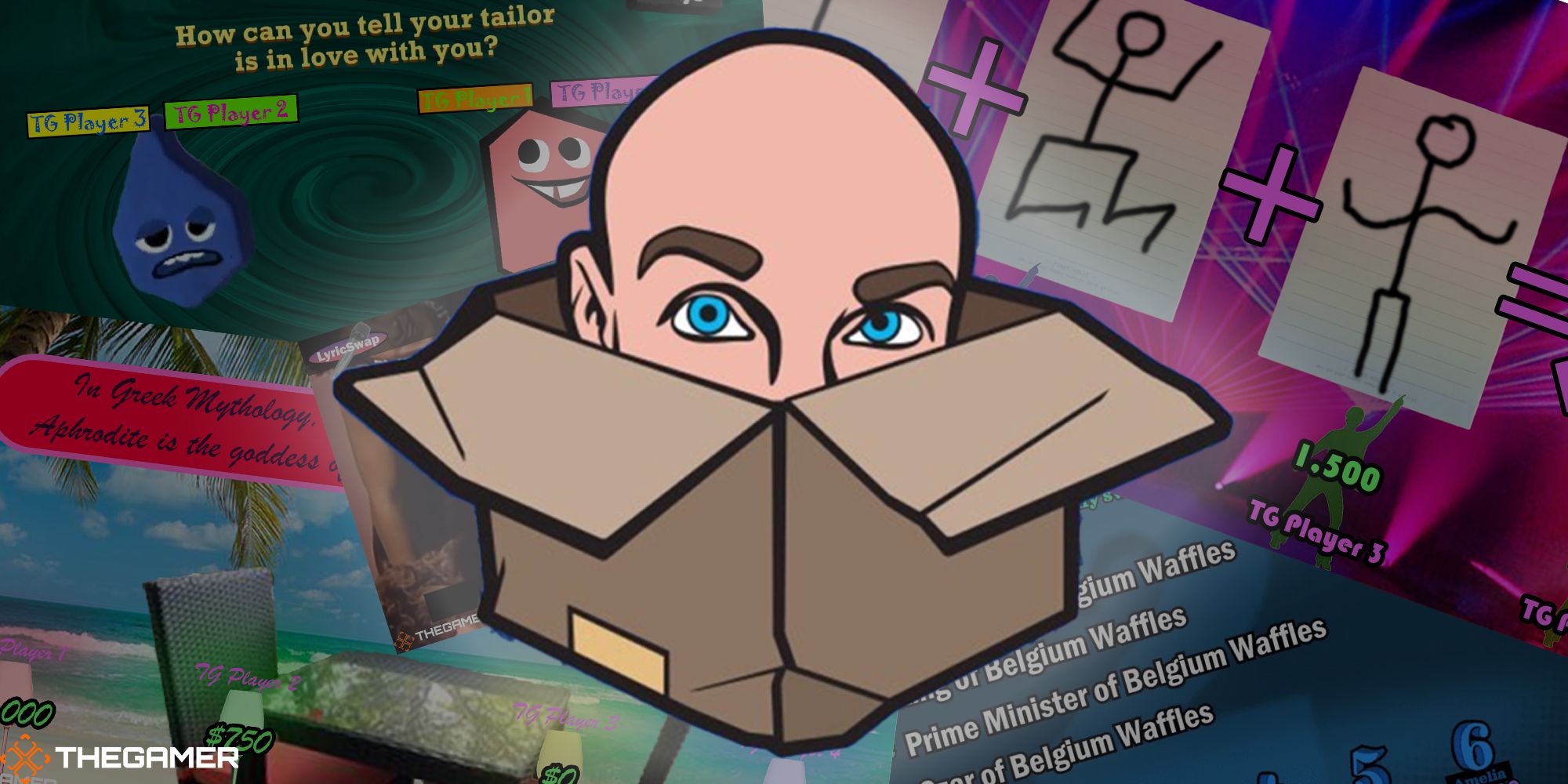 The one and only jackbox head sits perched on various imaginary Jackbox Games screenshots.