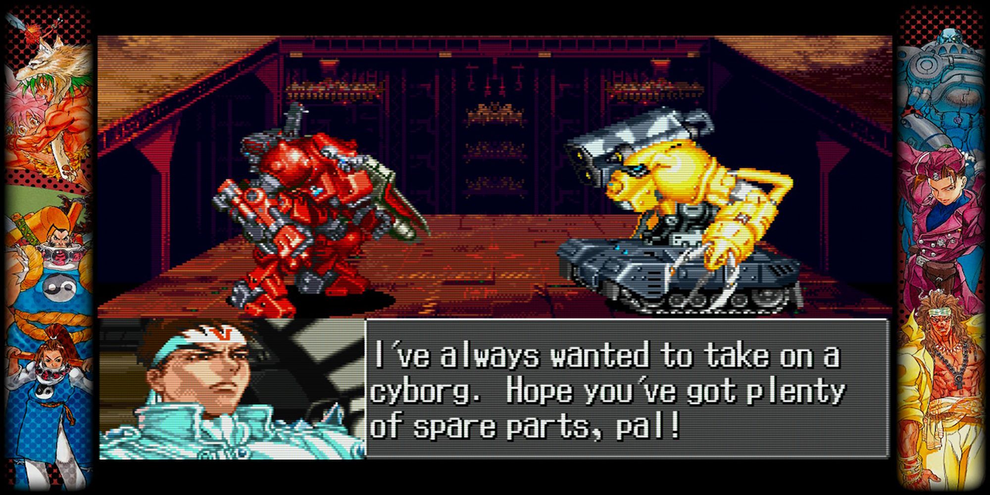 Jin finds a Lightning model cyborg on mech platform in Cyberbots, a game in Capcom Fighting Collection.