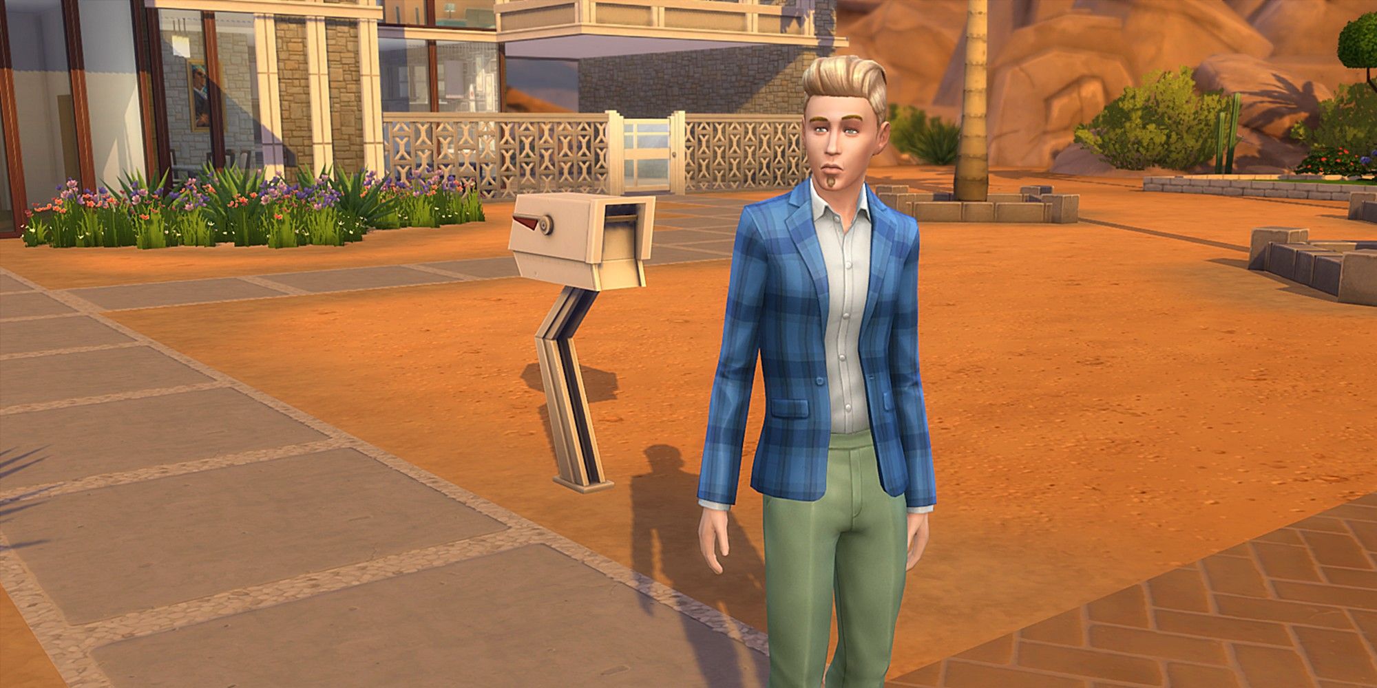 Johnny Zest outside the Landgraab home in The Sims 4