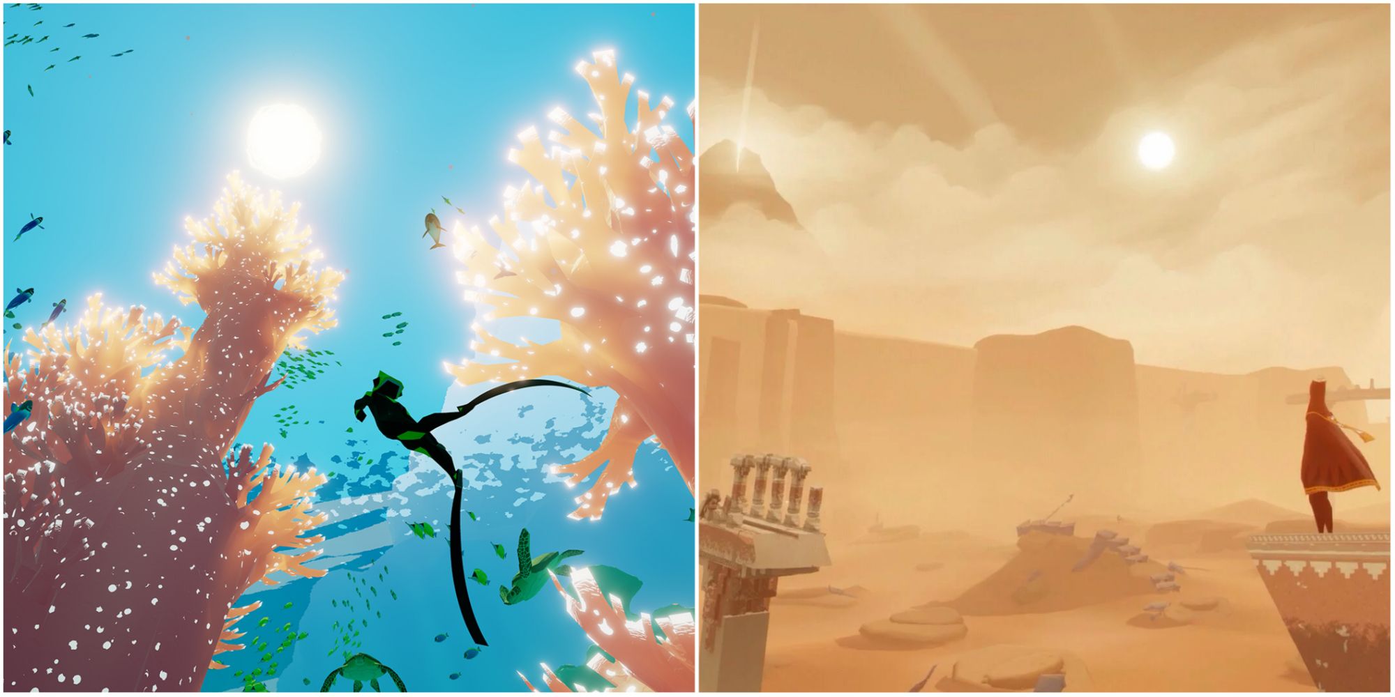 A split image of the Diver under the sea in Abzu and the Traveler looking out over the desert in Journey