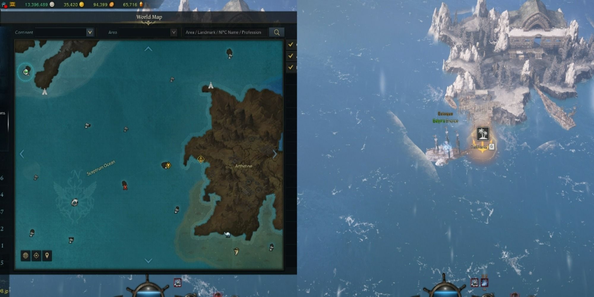 Lost Ark split image of Kalthertz Island location on open seas and on map