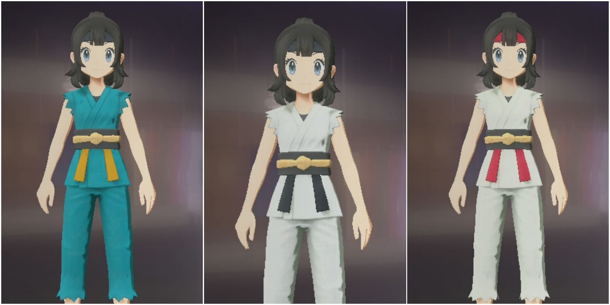 Split image screenshots of the player character wearing the Teal Karate Gi, Expert Karate Gi and White Lily Karate Gi.