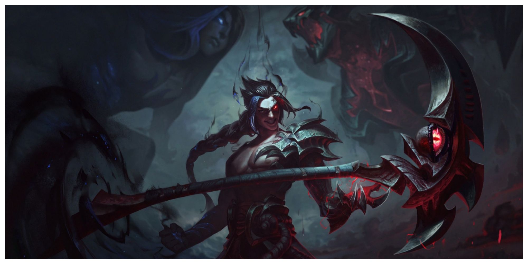 Kayn The Shadow Reaper standing with his Darkin weapon Rhaast his Darkin and Shadow Assassin forms above him as he grins