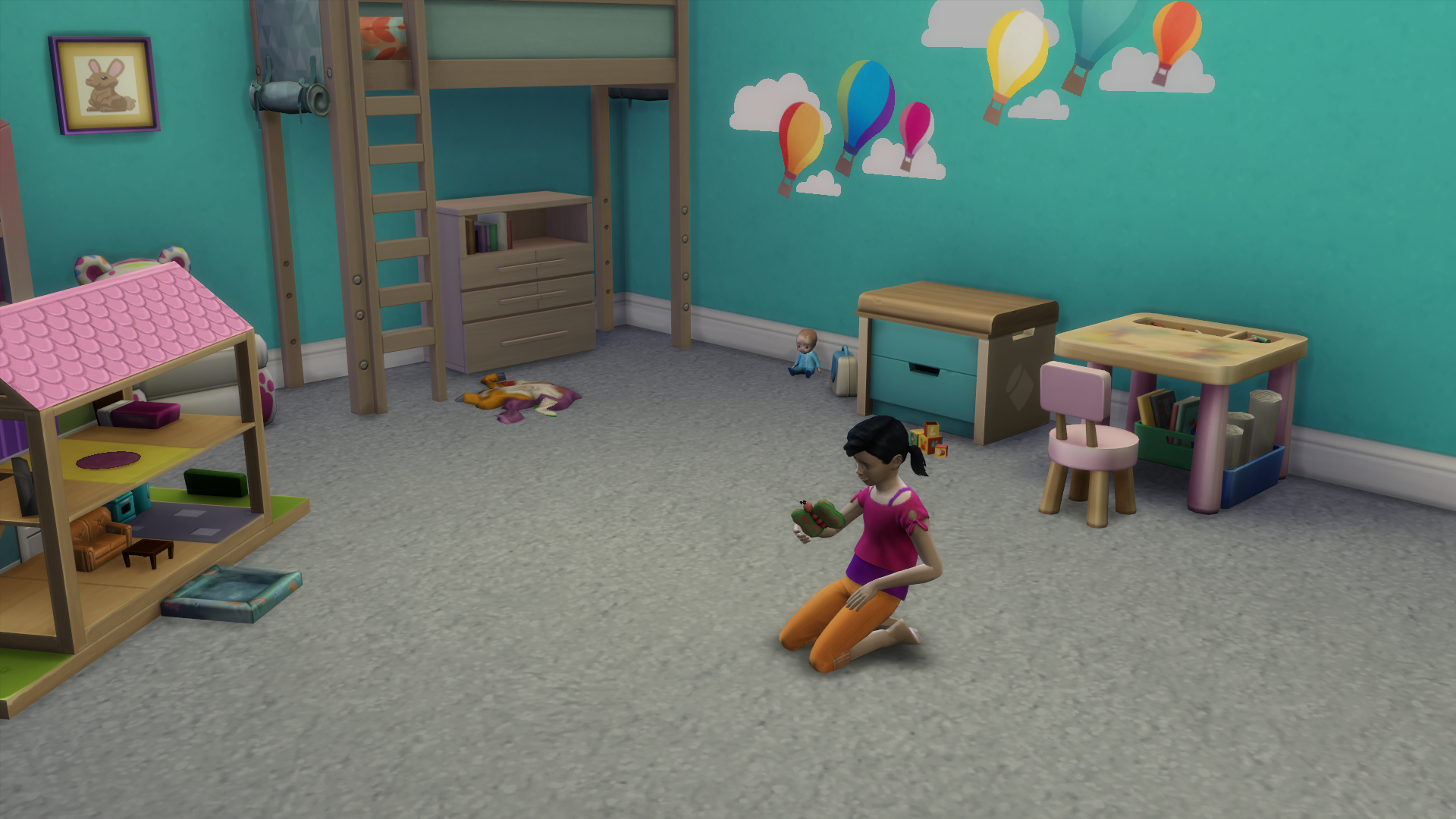 A child Sim playing in her bedroom in The Sims 4