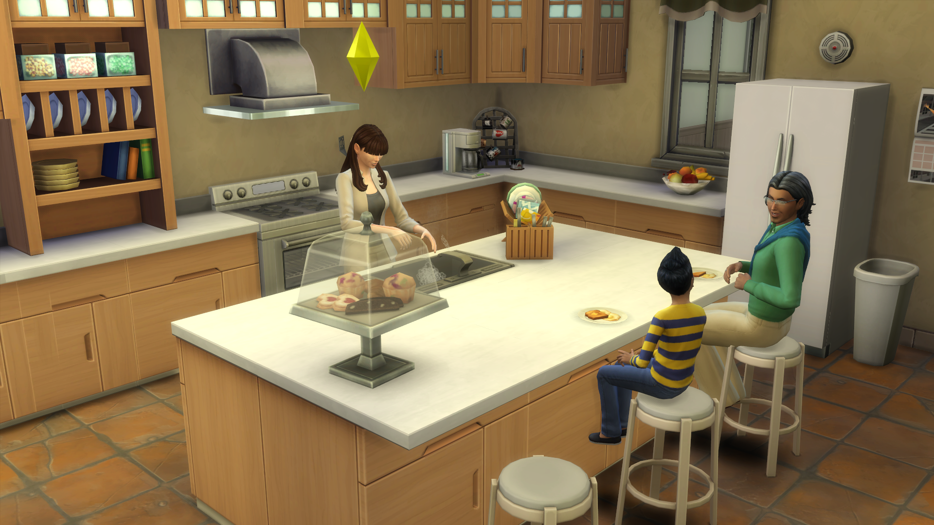 A family having breakfast in the kitchen in The Sims 4