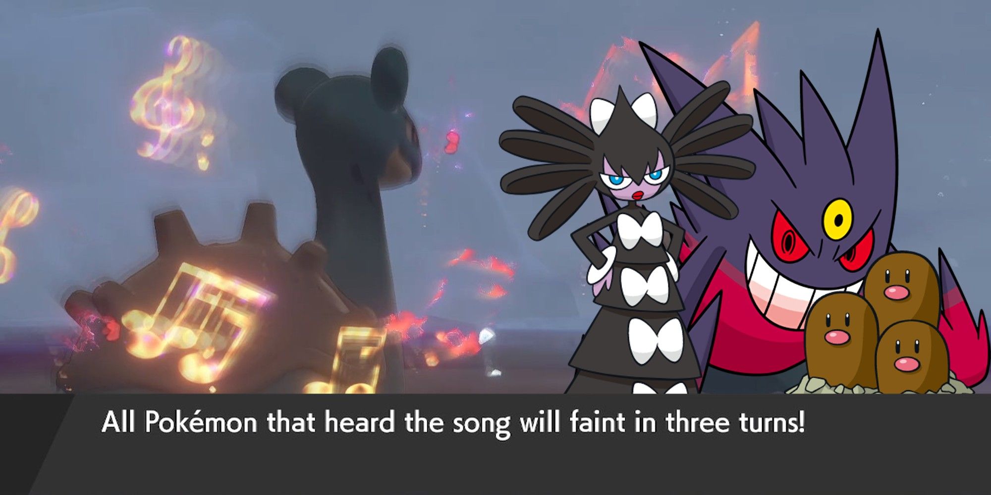 Lapras is using Perish Song in the background. Gothitelle, Mega Gengar, and Dugtrio pose on the right side.