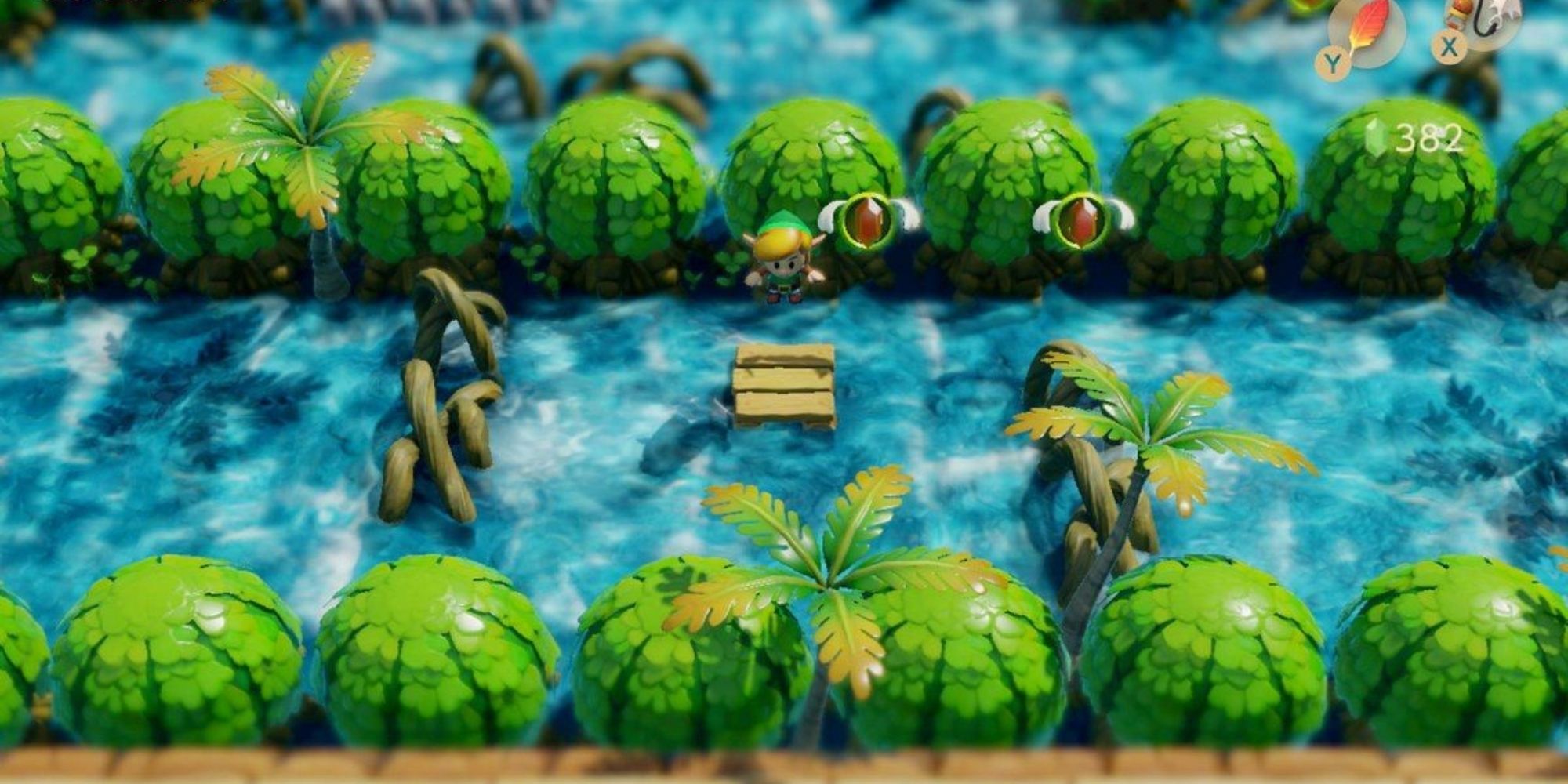 Link hops on a platform in a river