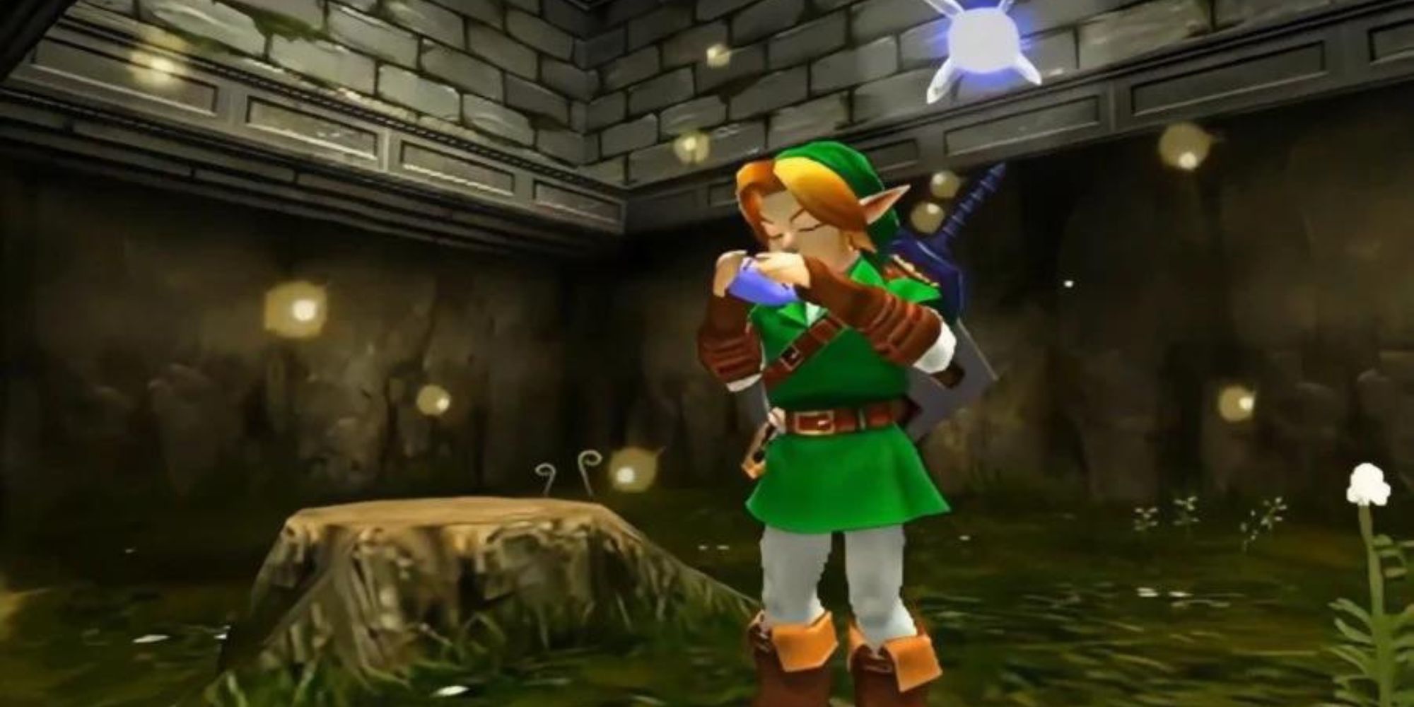Link plays the Ocarina of Time in the forest