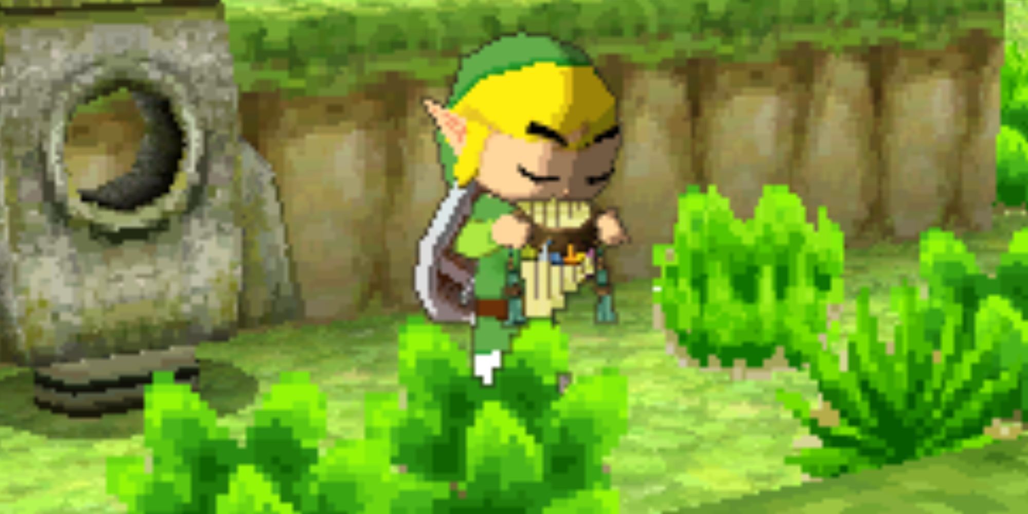 Toon Link plays the Spirit Flute outside by an Air Stone