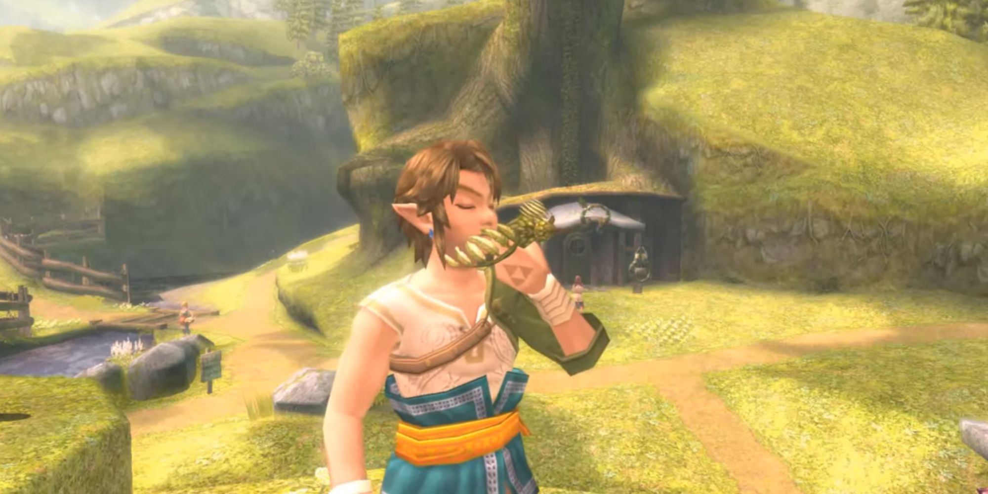 Link uses a Grass Whistle in Ordon Village