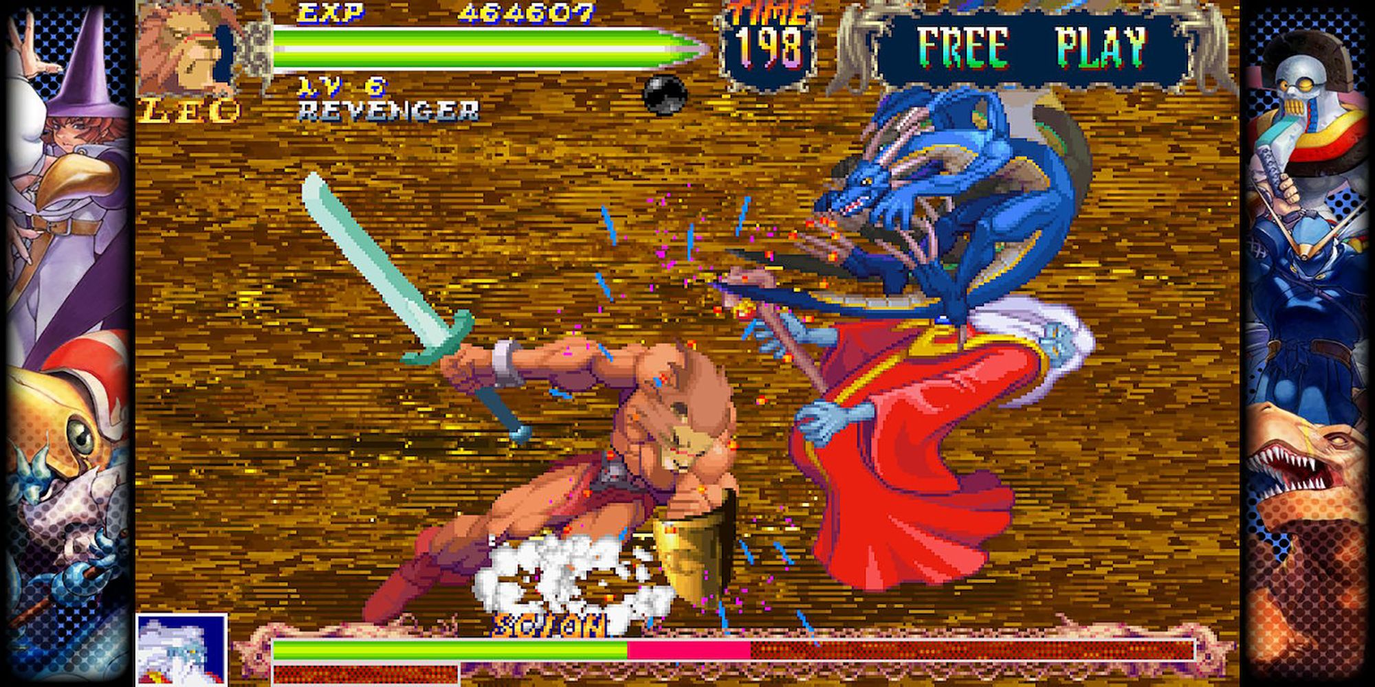 Leo unleashes his Hercules Rush on Scion in a decisive battle at Darminor in Red Earth, a game from Capcom Fighting Collection.