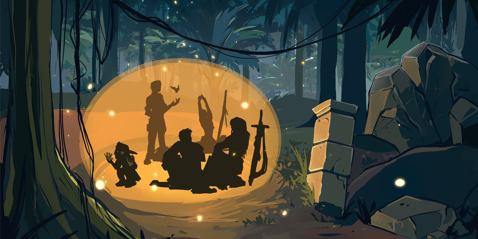 A group of adventurers resting in a glowing magical hut